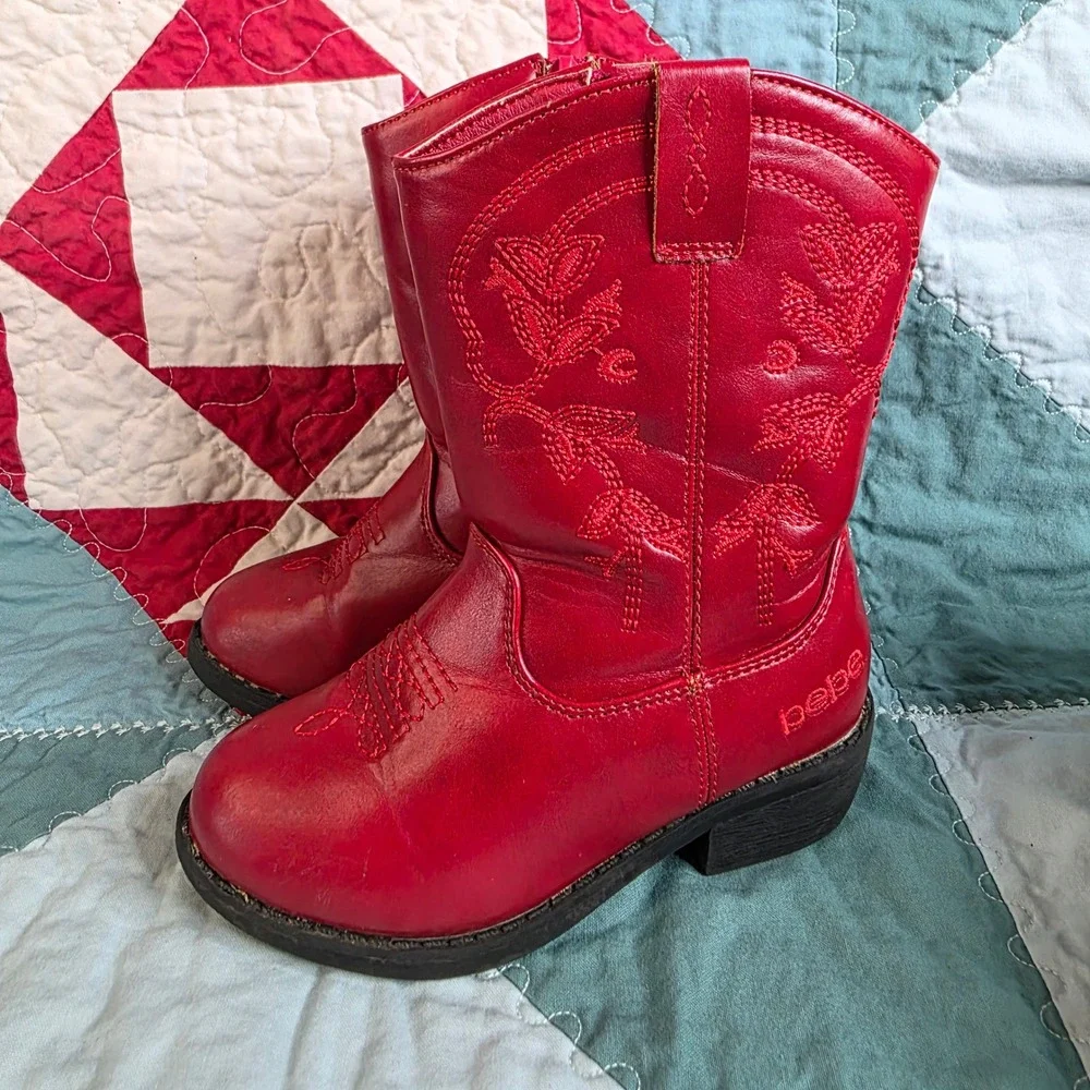 Bebe Girls Red Western Cowboy Boots Size 9 Toddler Embroidered Side Zip